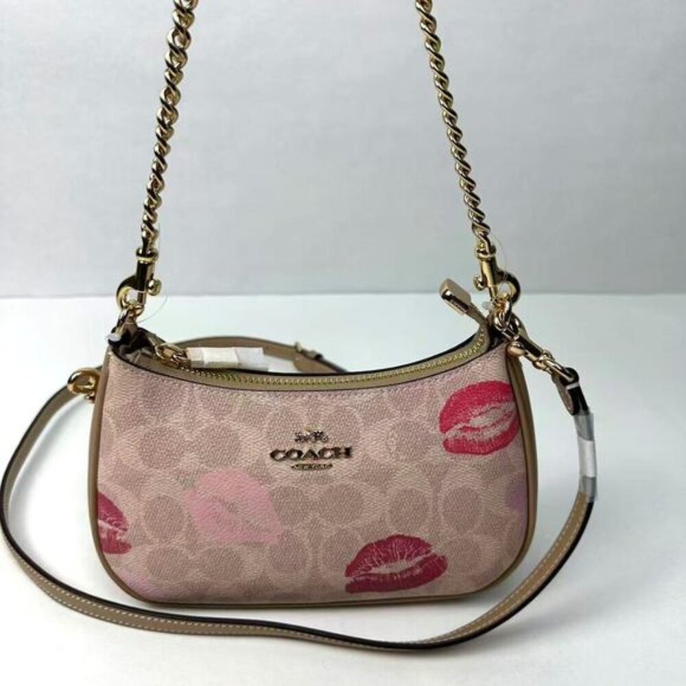 Coach Teri Mini Crossbody Bag In Signature Canvas With Lips Print IN Sand